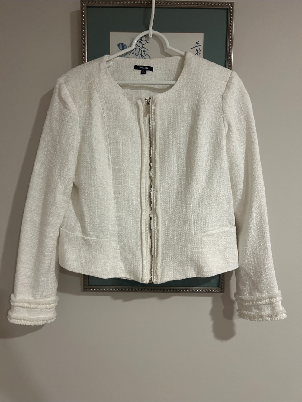 Premise Cream Textured Collarless Zip Jacket